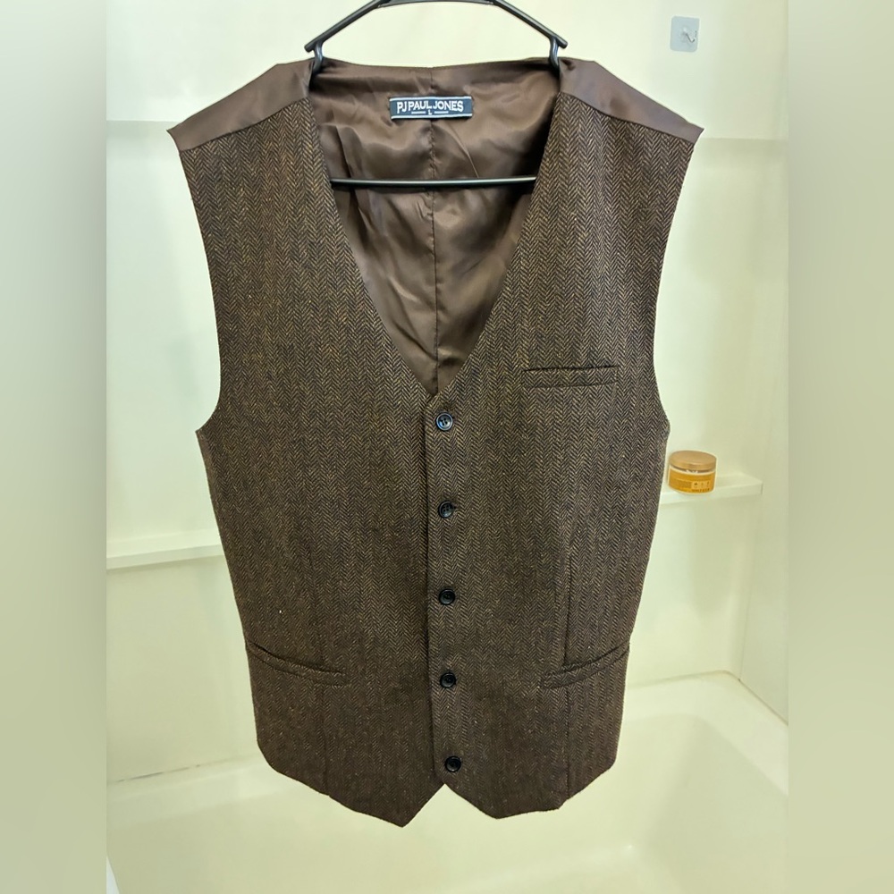 Brown Tweed Herringbone Wool Vest